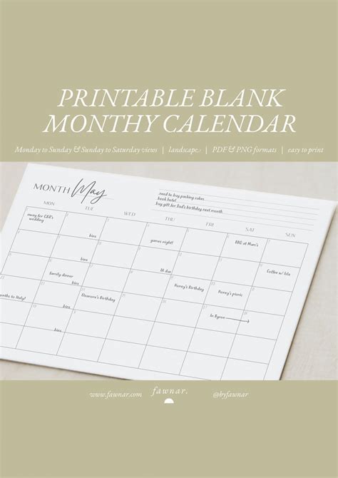 Printable Blank Monthly Calendar Landscape Monthly Calendar Etsy
