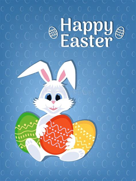 gelukkige pasen groetkaart met eieren en konijn wit leuk konijntje met kleurrijk eieren en pasen