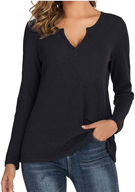 Roselux Womens Waffle Knit V Neck Henley Shirt Long Sleeve Waffle