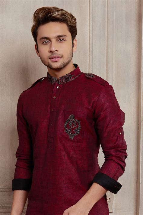 Maroon Linen Pathani Suit With Embroidery