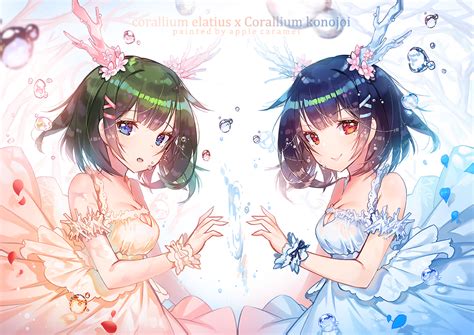 2girls Applecaramel Acaramel Blue Eyes Blue Hair Breasts Bubbles