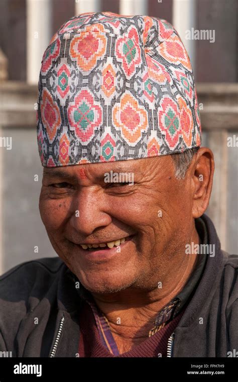nepal patan nepalese man wearing traditional hat a dhaka topi a tika on his forehead stock
