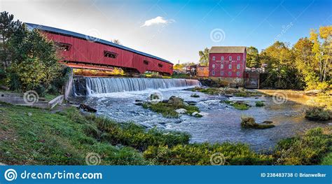 Panorama View Of The Bridgeton Mill And Covered Bridge Editorial Stock