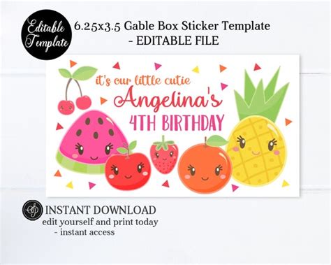 Tutti Fruitti Birthday Party Favor Stickers Editable Gable Box Sticker