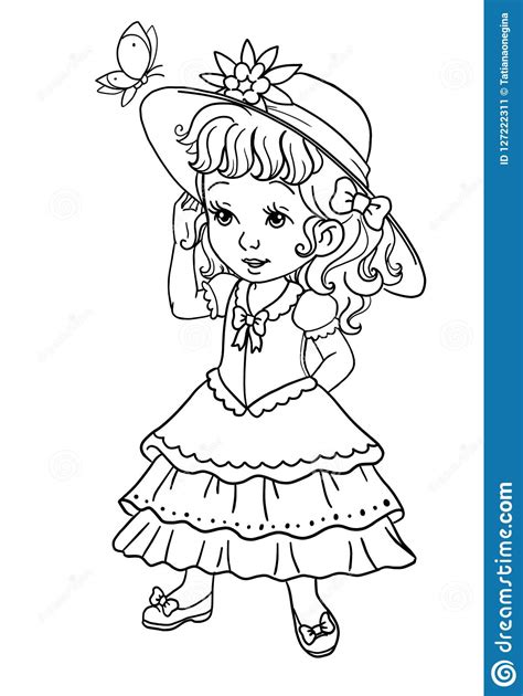 Coloring Book Page With Little Baby Girl In A Summer Hat And Pretty