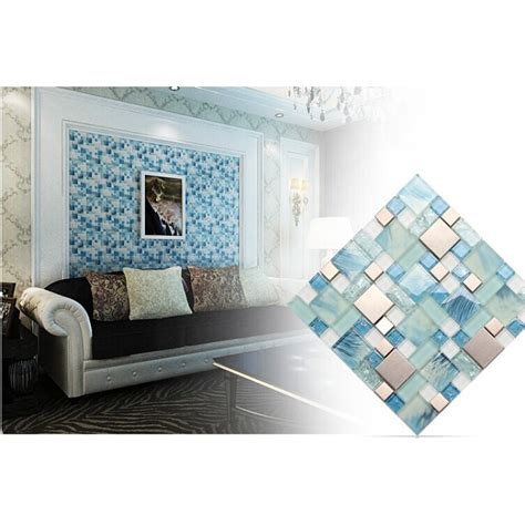 Crackle Glass Backsplash Tile 304 Stainless Steel Metal Tiles Blue Hand