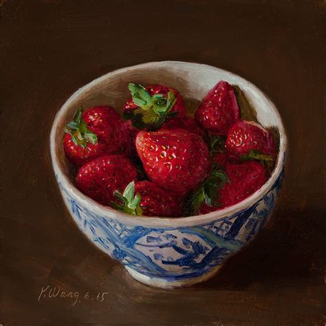A Painting Of Strawberries In A Blue And White Bowl