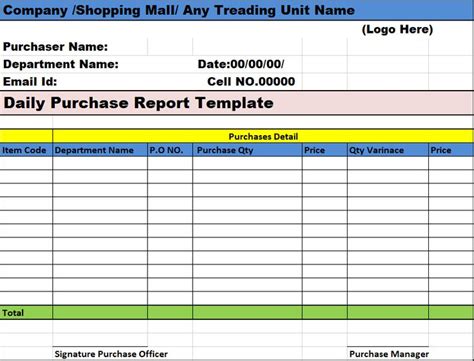 Daily Purchase Report Template Free Report Templates Report