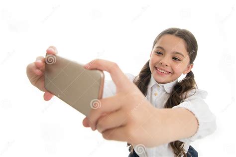 Let Me Take Selfie Girl Cute Long Curly Hair Holds Smartphone Taking