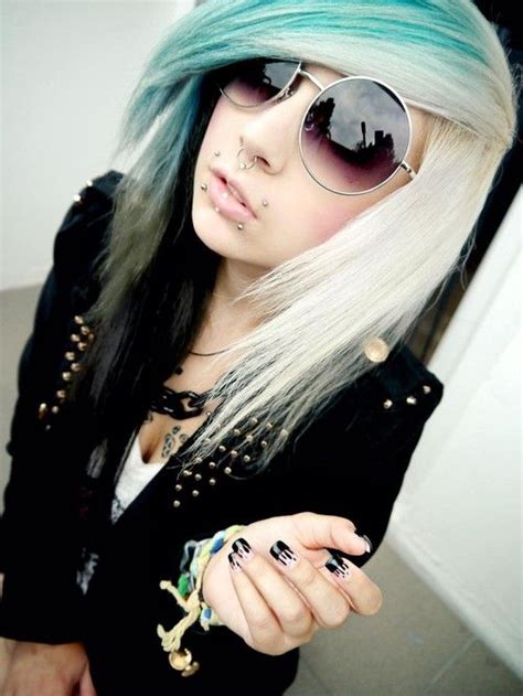 i love the glasses vertical labret piercing emo scene hair scene emo blue green hair gothic