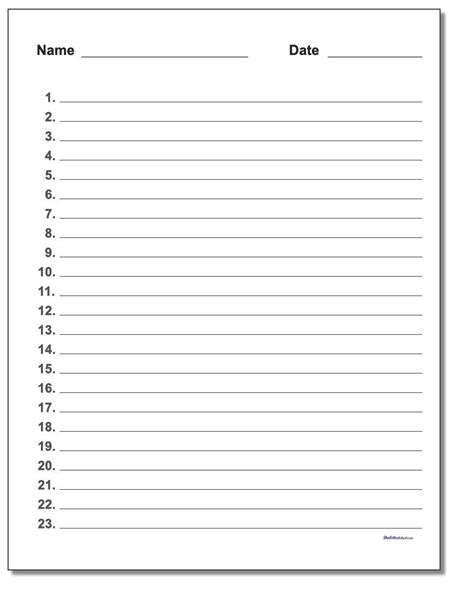Printable Blank Numbered List 1 50
