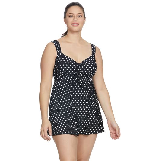 Longitude Plus Size Dot To Dot Tie Front Swim Dress At Free Shipping