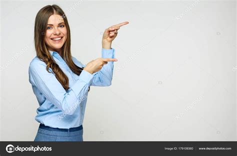 Smiling Business Woman Pointing Finger At Copy Space Stock Photo By