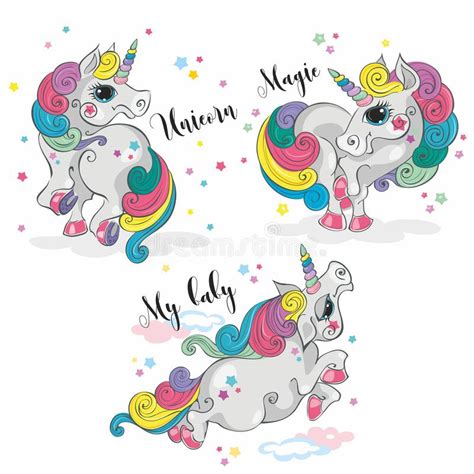 Magic Unicorn Set Fairy Pony Rainbow Mane Cartoon Style Vector