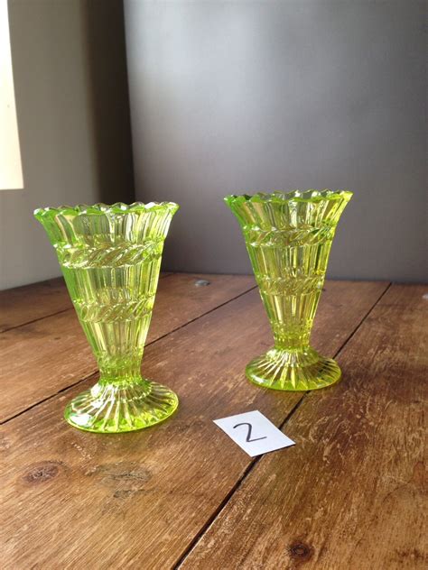 Pair Of Antique C1880 Henry Greener Green Uranium Vaseline Glass