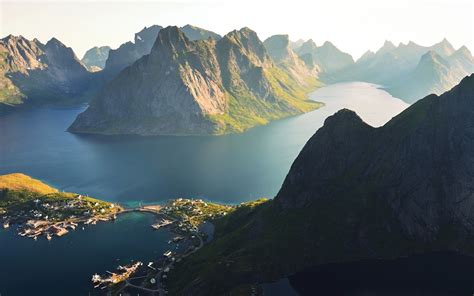 Nature Landscape Reine Lofoten Islands Norway Morning Sunlight