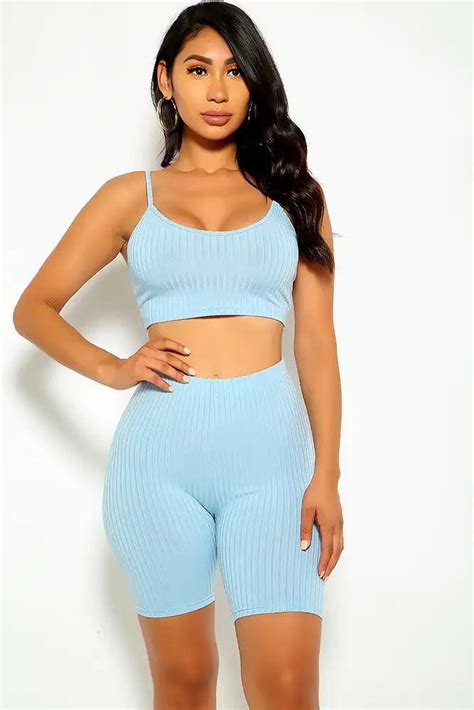 Light Blue Sleeveless Ribbed Two Piece Outfit Amiclubwear