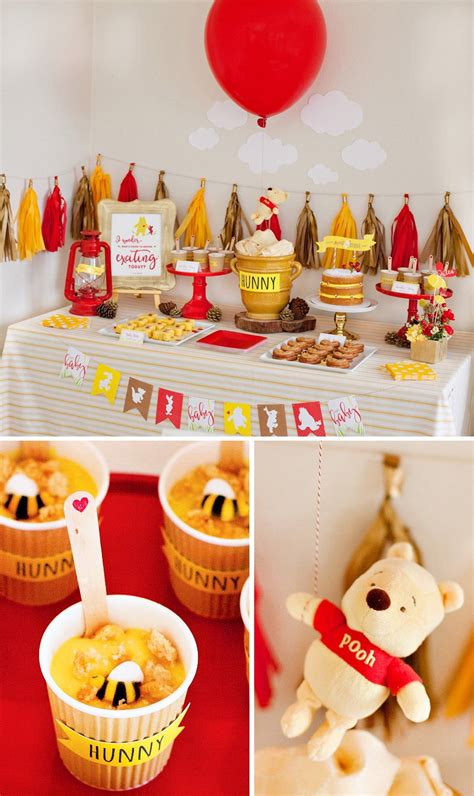 Tiger tail favors, caramel corn, and place settings by aunt sandy. Classic + Modern Winnie the Pooh Baby Shower // Hostess ...