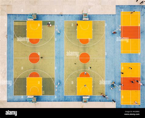 Aerial View Of People At Basketball Courts Stock Photo Alamy