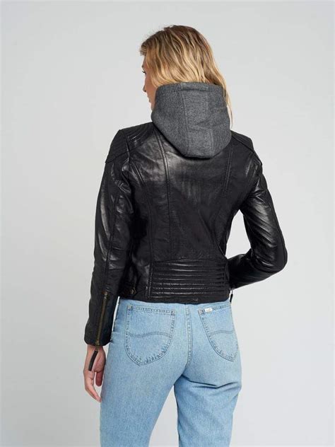 Womens Eliza Black Removable Hooded Leather Jacket