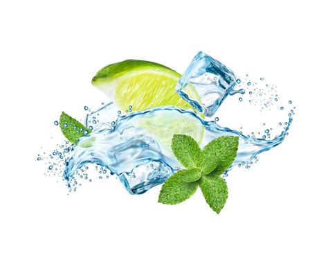 Water Splash With Lime Ice Cubes And Mint Leaves Stock Illustration