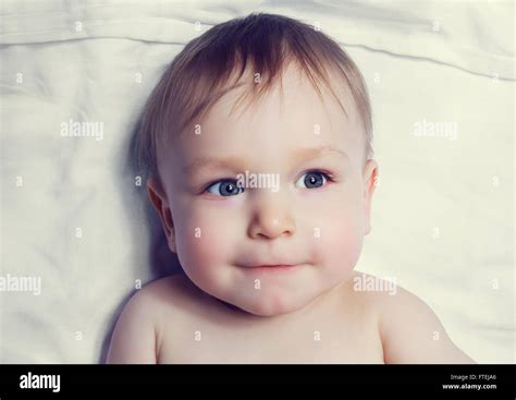 Cute One Year Old Baby Boy In Bed Top View Stock Photo Alamy