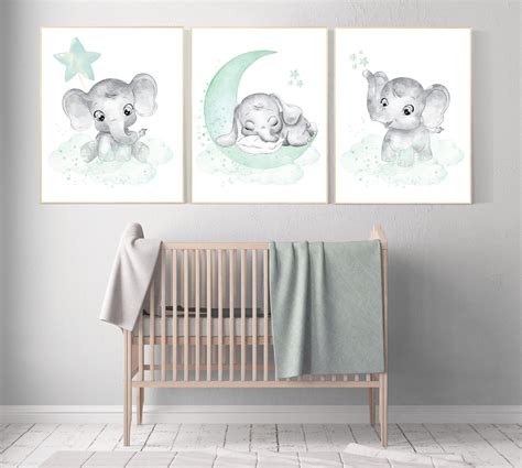 Elephant Nursery Art Elephant Nursery Print Mint Nursery Decor Baby