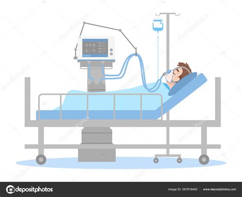 Man Lying Bed Hospital Room Patient Connected Ventilator Flat Cartoon