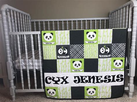 Panda Crib Bedding Personalized Baby Quilt Green Nursery Etsy