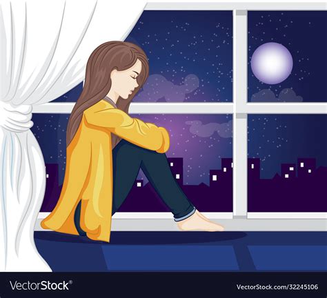 Lonely Girl Look Out Window On The Night Vector Image