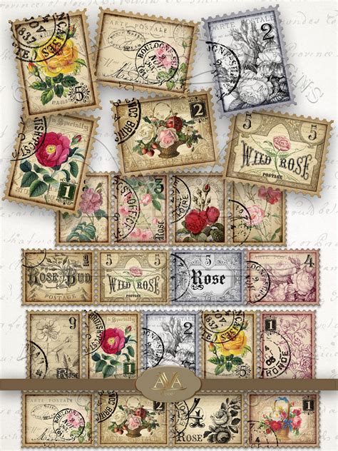 Rose Stamps Faux Printable Digital Download Vintage Rose Etsy Stamp