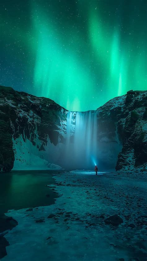 Iceland Waterfall Aurora In Sky Iphone Wallpaper Iphone Wallpapers
