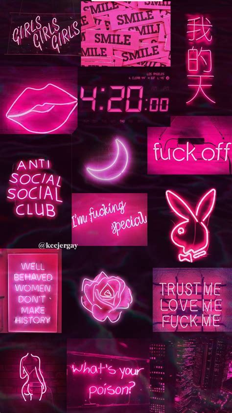 Neon Signs Are Displayed On The Wall In This Dark Room With Pink And Purple Lighting