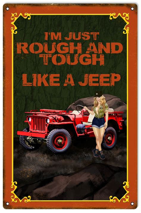 Reproduction Red Rough And Tough Jeep Pin Up Girl Sign Reproduction