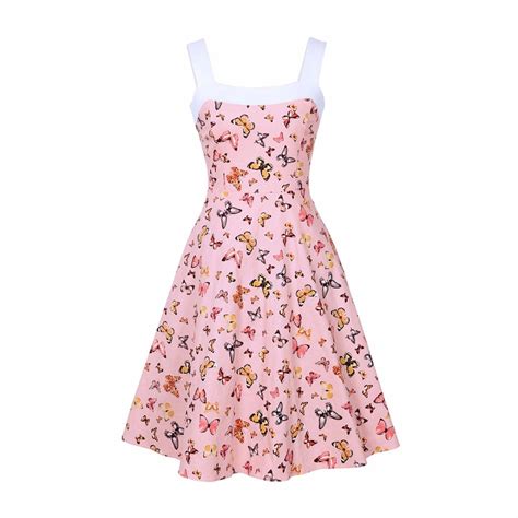 Pink Butterfly Sleeveless 50s 60s Retro Vintage Dress 1950s Style Pin