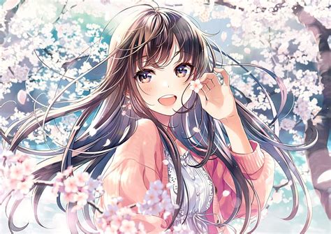 Anime Girl Pretty Brown Hair Smiling Cherry Blossom Anime Hd