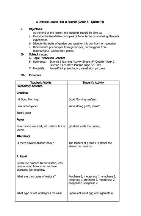 Mendelian Genetics Dlp A Detailed Lesson Plan In Science Grade Hot