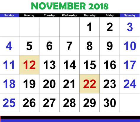 2018 November Calendar November Calendar Weekly Calendar Printable