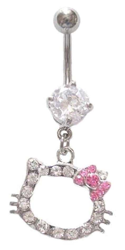 Hello Kitty Pink Bow Cz Head Dangle Belly Navel Ring Piercing Bar Body Jewelry Do Hope That