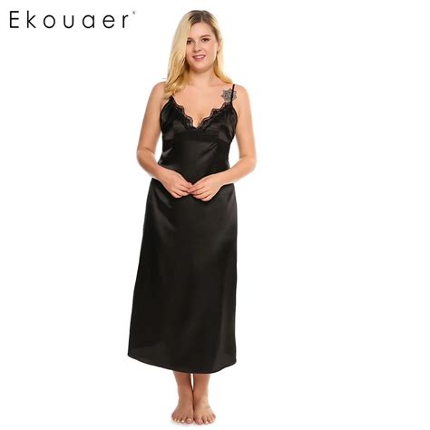 Ekouaer Nightgowns Deep V Neck Long Nightwear Women Sexy Lace Trim Satin Chemises Maxi Dress