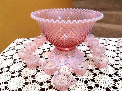 Fenton Dusty Rose Opalescent Hobnail Punch Bowl Bowl And 12 Cups Circa 1980 Fenton Glass