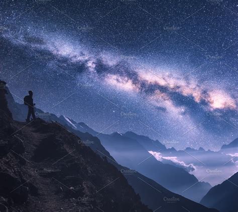 Space With Milky Way Girl Mountain High Quality Nature Stock Photos