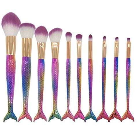 Mermaid Makeup Brush Set Corlorful 10 Pieces Cosmetic Brushes Kit