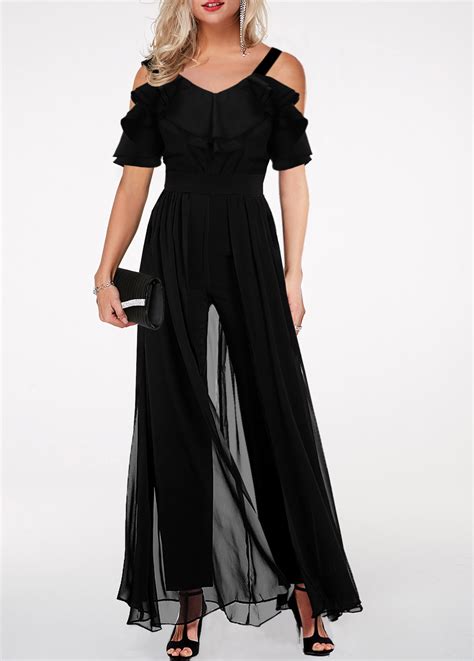 strappy cold shoulder ruffle trim black jumpsuit fashion design store