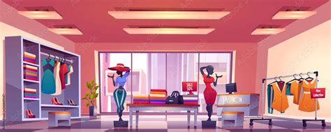 Fashion Store Interior With Counter Mannequins Hangers And Showcase