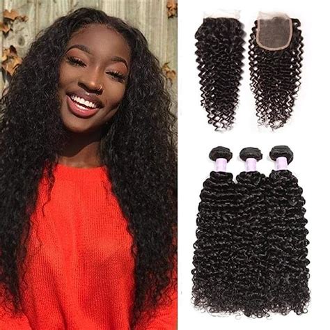 Amazon Com DSOAR Brazilian Kinkys Curly Hair Weft With Closure Kinky Curly Bundles With