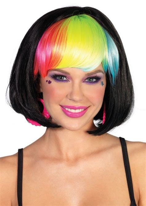 Pop Rainbow Bob Wig Black With Neon Multi Colour Rainbow Wig Wigs