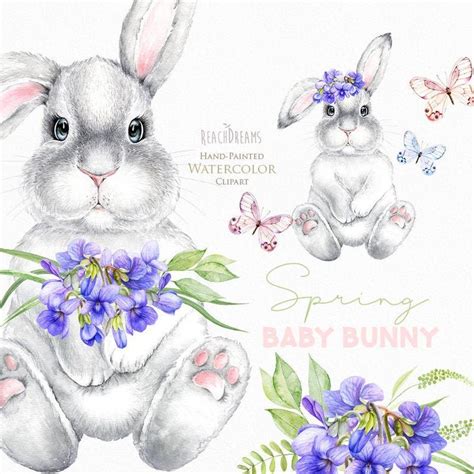 Bunny Watercolor Little Animals Easter Spring Floral Clipart