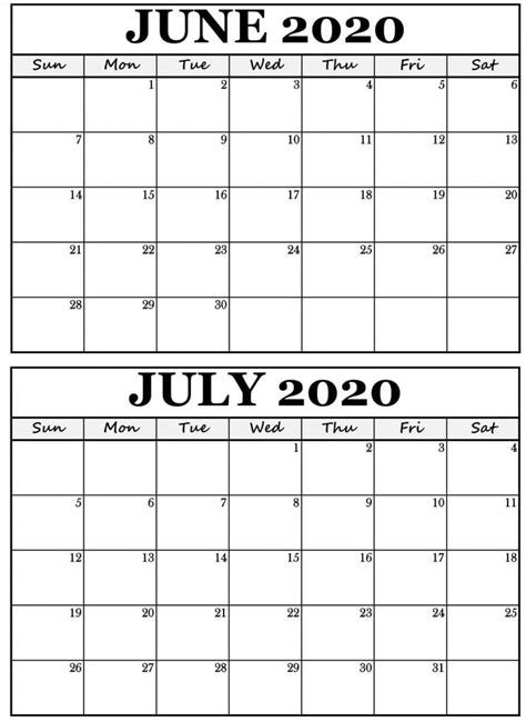 June July Calendar Printable Calendar