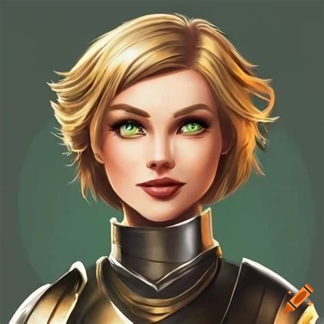 Woman In Armor With Green Eyes And Short Hair On Craiyon